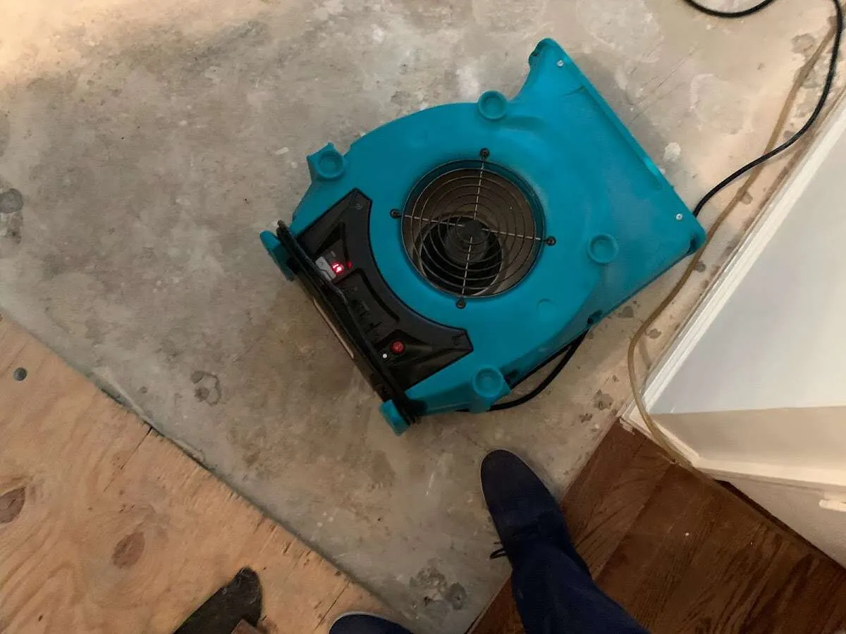 Air mover drying subfloor during Leak Detection & Repair in Perry